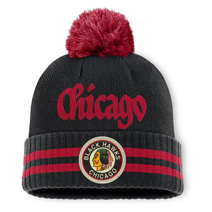 Fanatics Chicago Blackhawks Heritage Blind Side Cuff Toque Beanie Hat with Pom