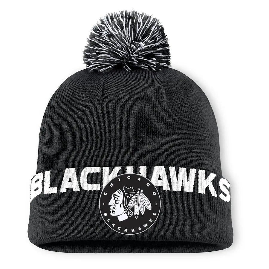 Fanatics Chicago Blackhawks High Stick Cuff Knit Toque Beanie Hat with Pom - Black