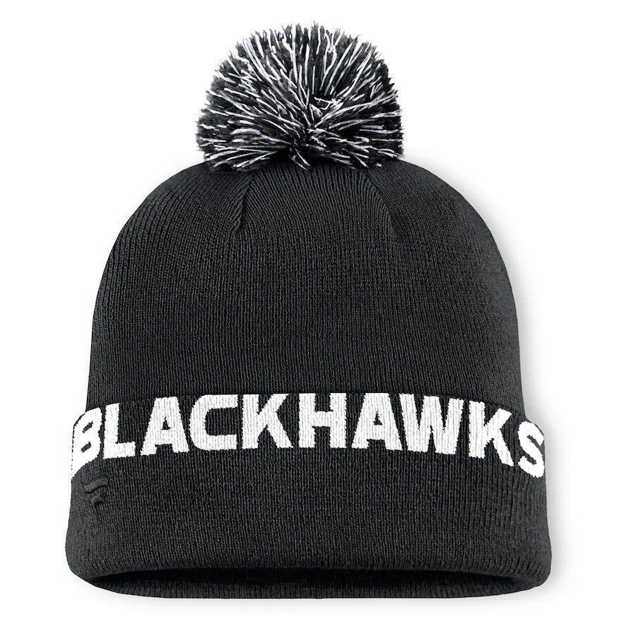 Fanatics Chicago Blackhawks High Stick Cuff Knit Toque Beanie Hat with Pom - Black